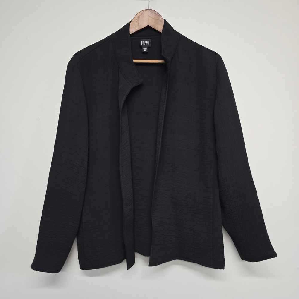 Eileen Fisher Jacket Womens M Black Rayon Silk Crinkle Open Front Stand Collar